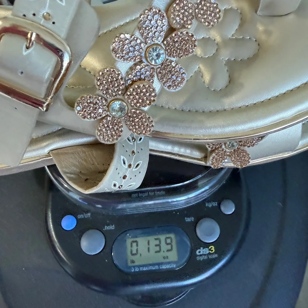 Womens Flower Rhinestones Thong Sandals Sz 8 Gold Summer Coquette Beach Vacation
